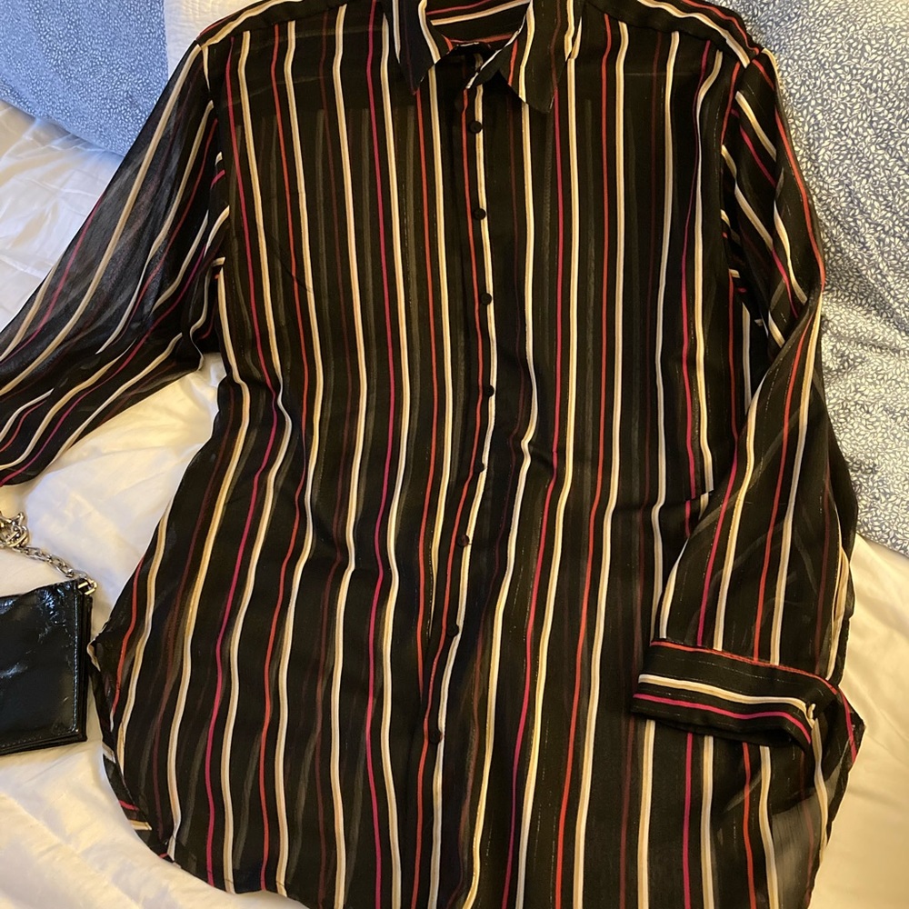 Vince Camuto sheer blouse XL black with red tan and metallic pin stripes. EUC